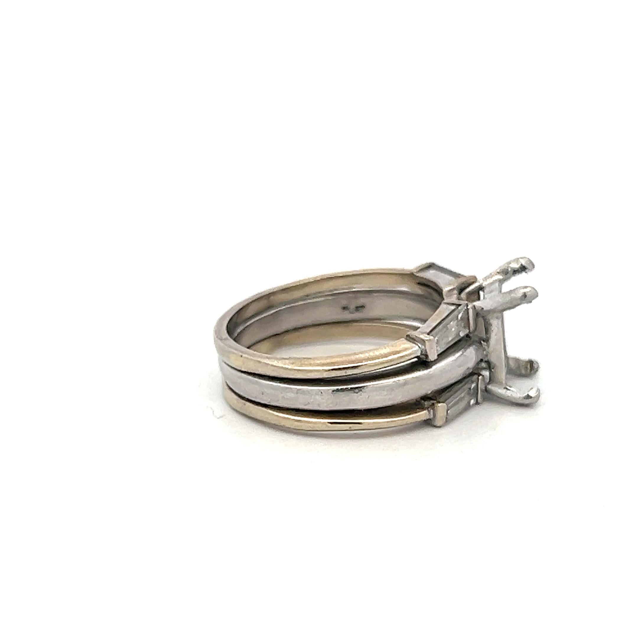 14K White Gold Semi Mount Ring 0.4ct Baguette Diamonds Fits 7.3x5.9mm 1.20ct+