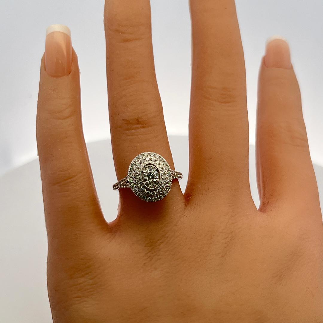 Vintage 14K White Gold Halo Ring with 1.1 Carat Round H SI Diamonds Size 7