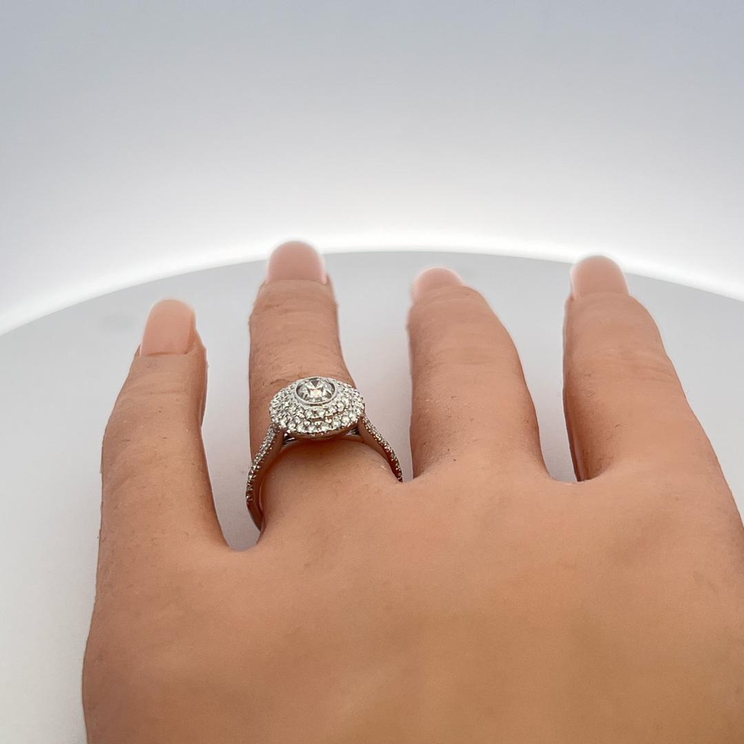 Vintage 14K White Gold Halo Ring with 1.1 Carat Round H SI Diamonds Size 7