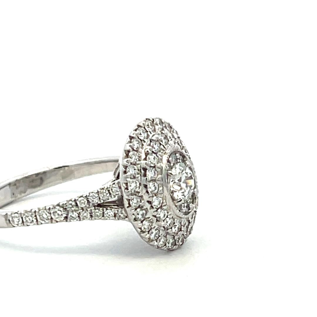 Vintage 14K White Gold Halo Ring with 1.1 Carat Round H SI Diamonds Size 7