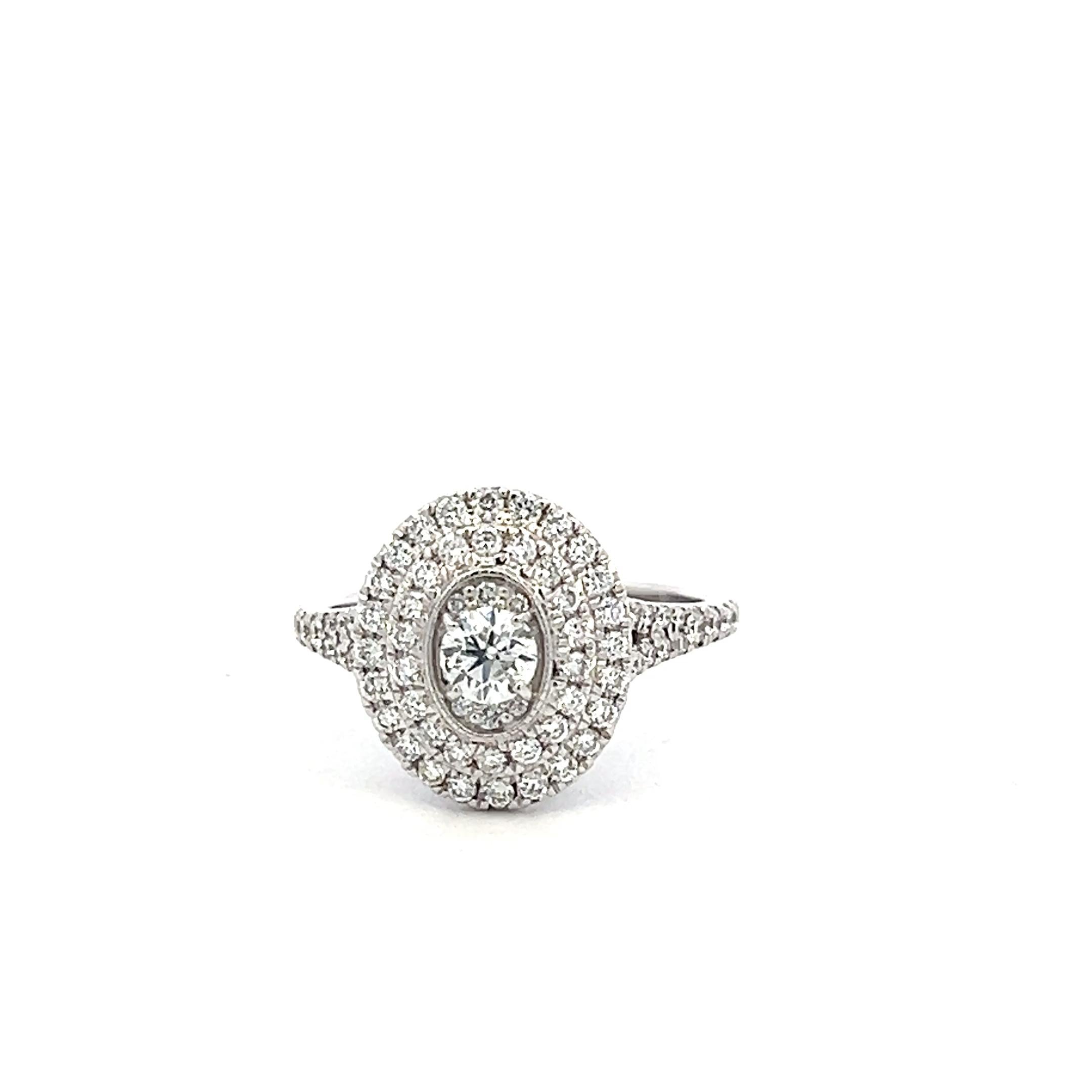 Vintage 14K White Gold Halo Ring with 1.1 Carat Round H SI Diamonds Size 7