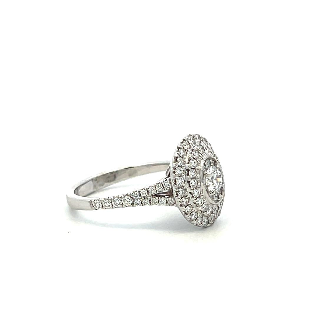 Vintage 14K White Gold Halo Ring with 1.1 Carat Round H SI Diamonds Size 7