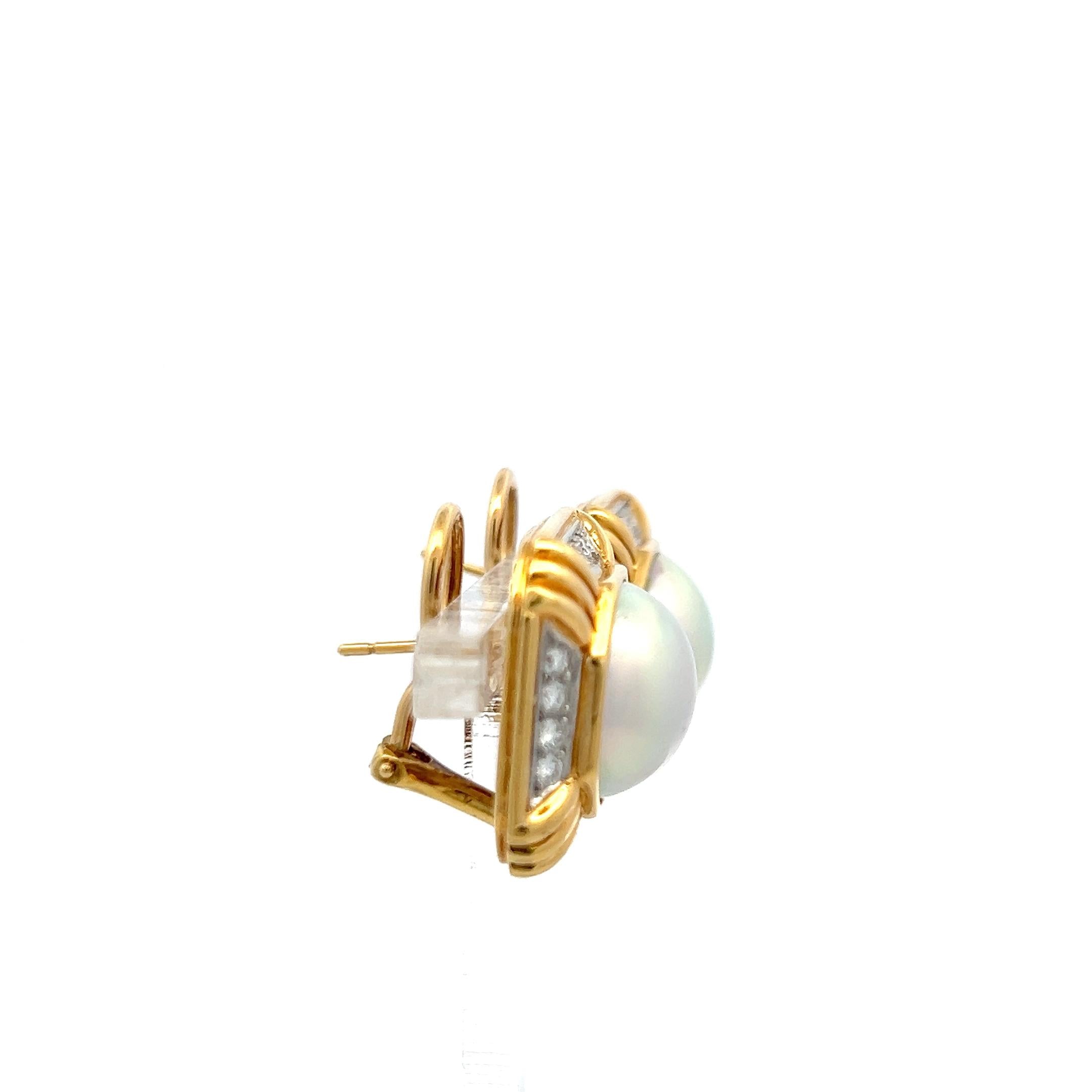 18K Two Tone Gold Clip On Earrings 0.96 Carat Round H VS Diamonds & 14mm Pearls