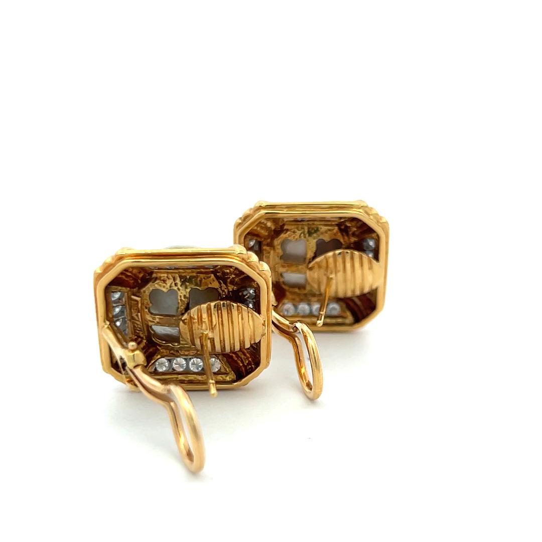 18K Two Tone Gold Clip On Earrings 0.96 Carat Round H VS Diamonds & 14mm Pearls