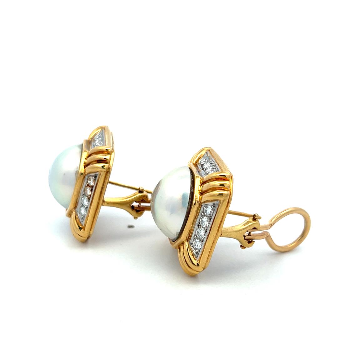 18K Two Tone Gold Clip On Earrings with 0.96 Carat Round Diamonds & 14mm Pearl