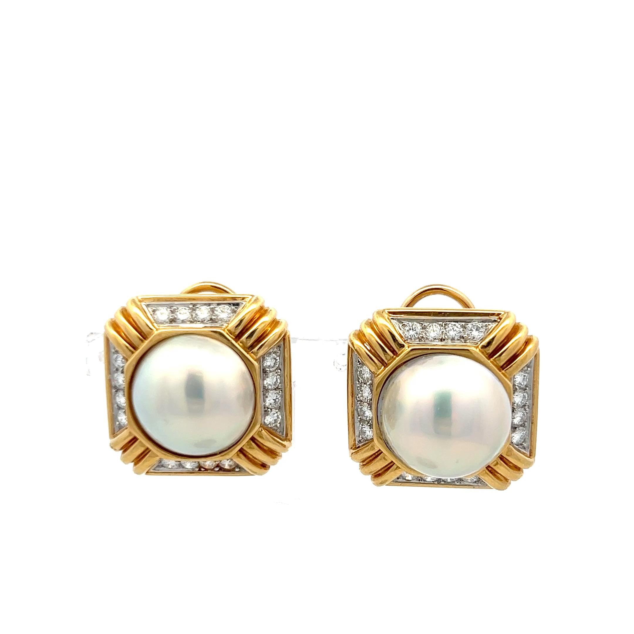 18K Two Tone Gold Clip On Earrings with 0.96 Carat Round Diamonds & 14mm Pearl