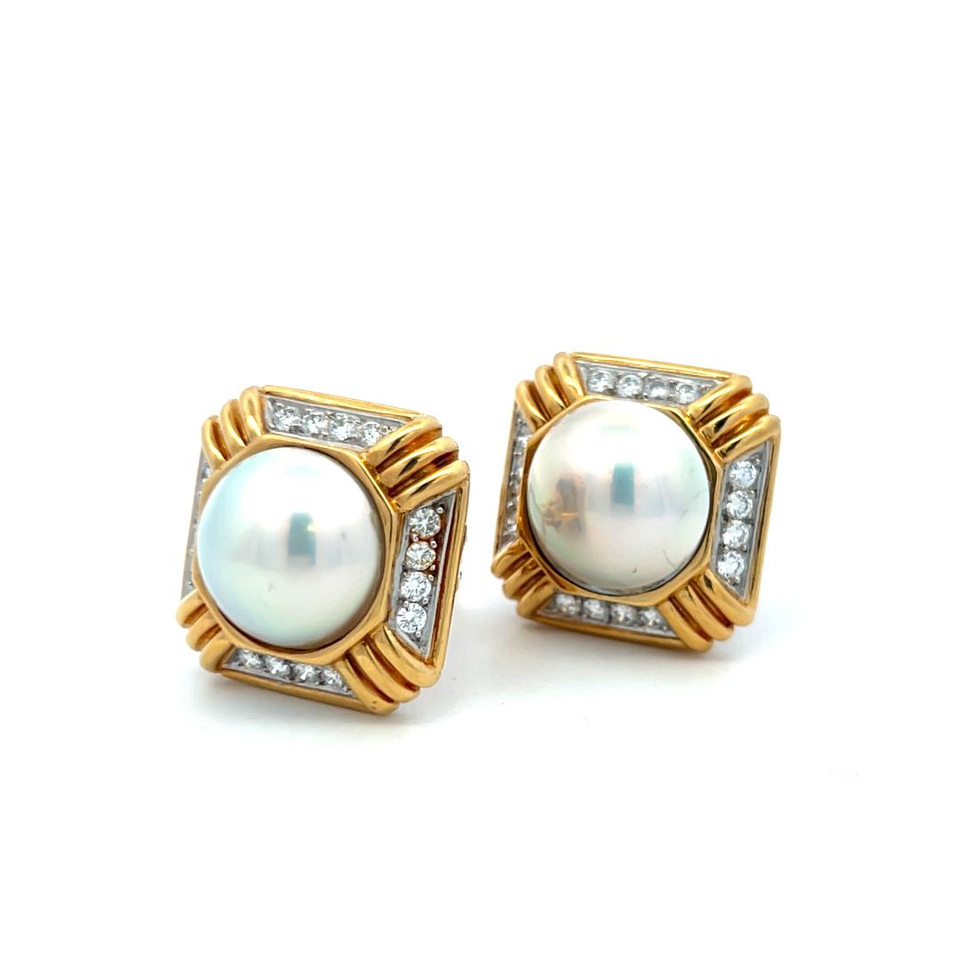 18K Two Tone Gold Clip On Earrings with 0.96 Carat Round Diamonds & 14mm Pearl