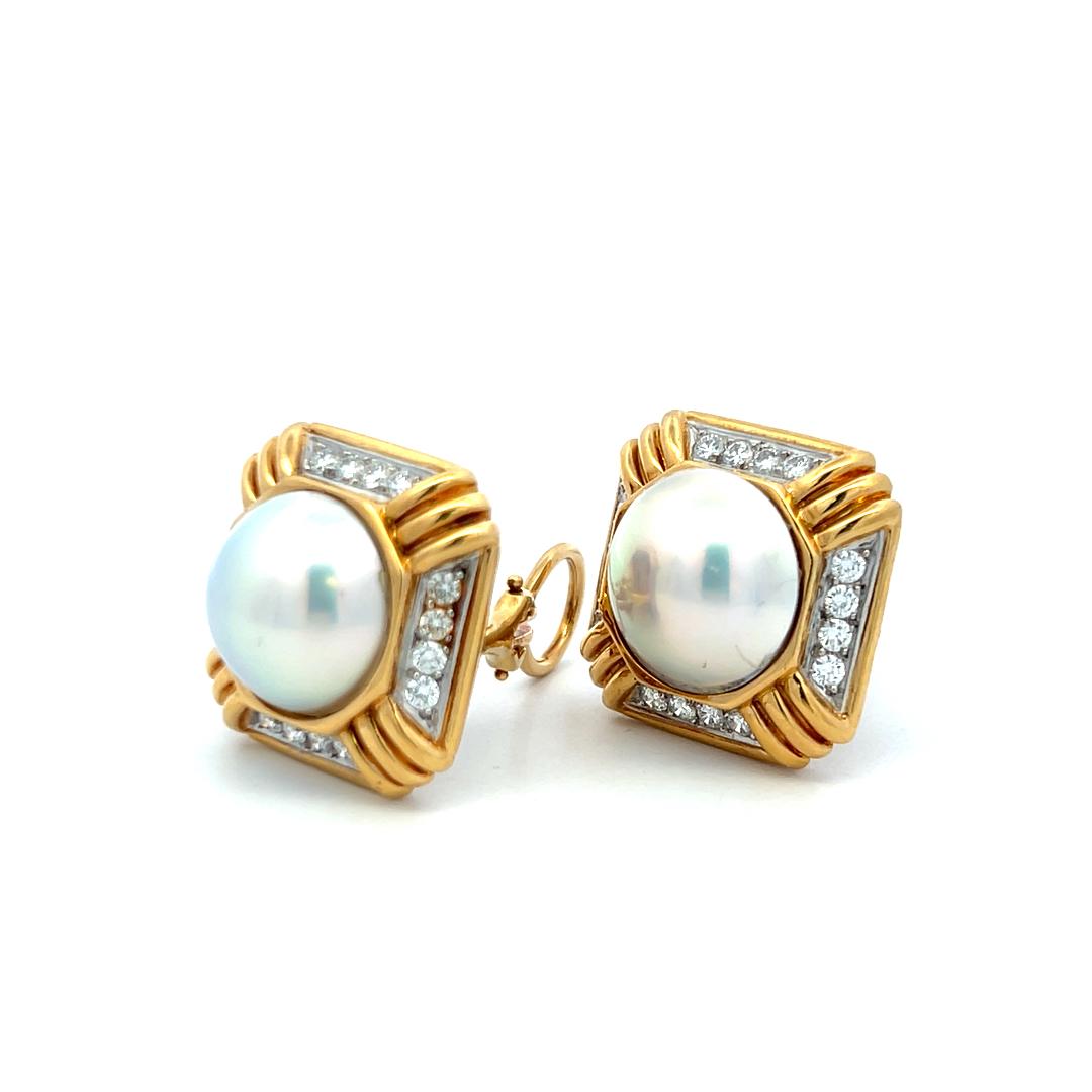 18K Two Tone Gold Clip On Earrings with 0.96 Carat Round Diamonds & 14mm Pearl