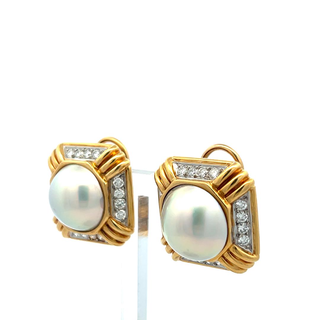 18K Two Tone Gold Clip On Earrings with 0.96 Carat Round Diamonds & 14mm Pearl