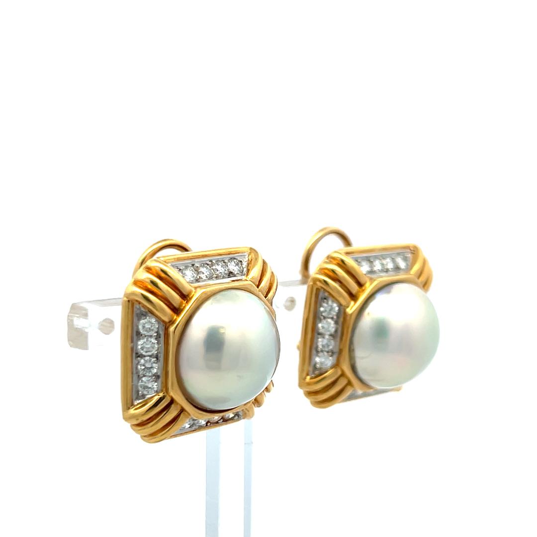 18K Two Tone Gold Clip On Earrings with 0.96 Carat Round Diamonds & 14mm Pearl