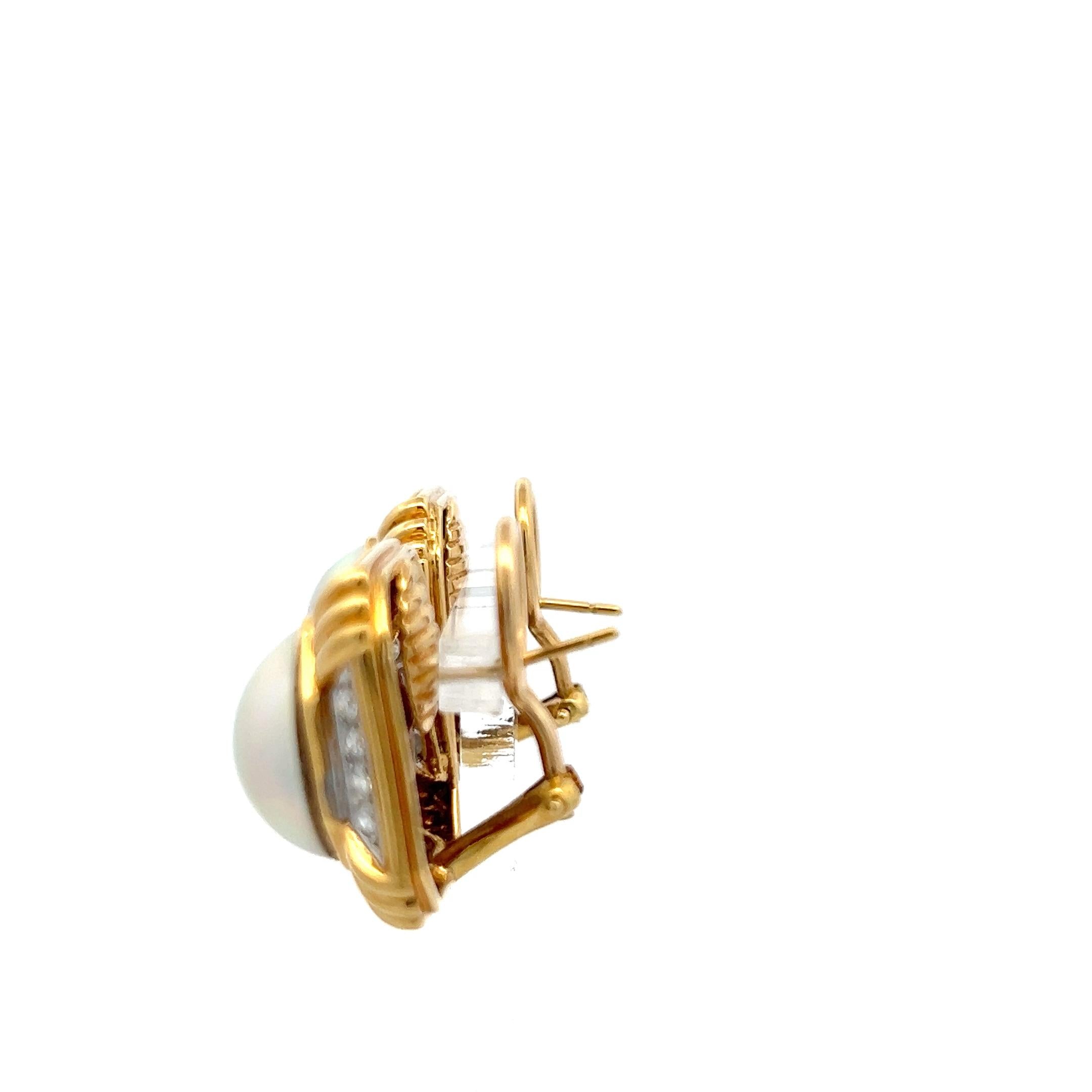 18K Two Tone Gold Clip On Earrings with 0.96 Carat Round Diamonds & 14mm Pearl