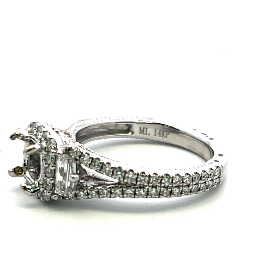 14K WG Semi Mount Ring 1.05ct Diamond Round Trapezoid Diamonds Fits 5.12x5.09mm