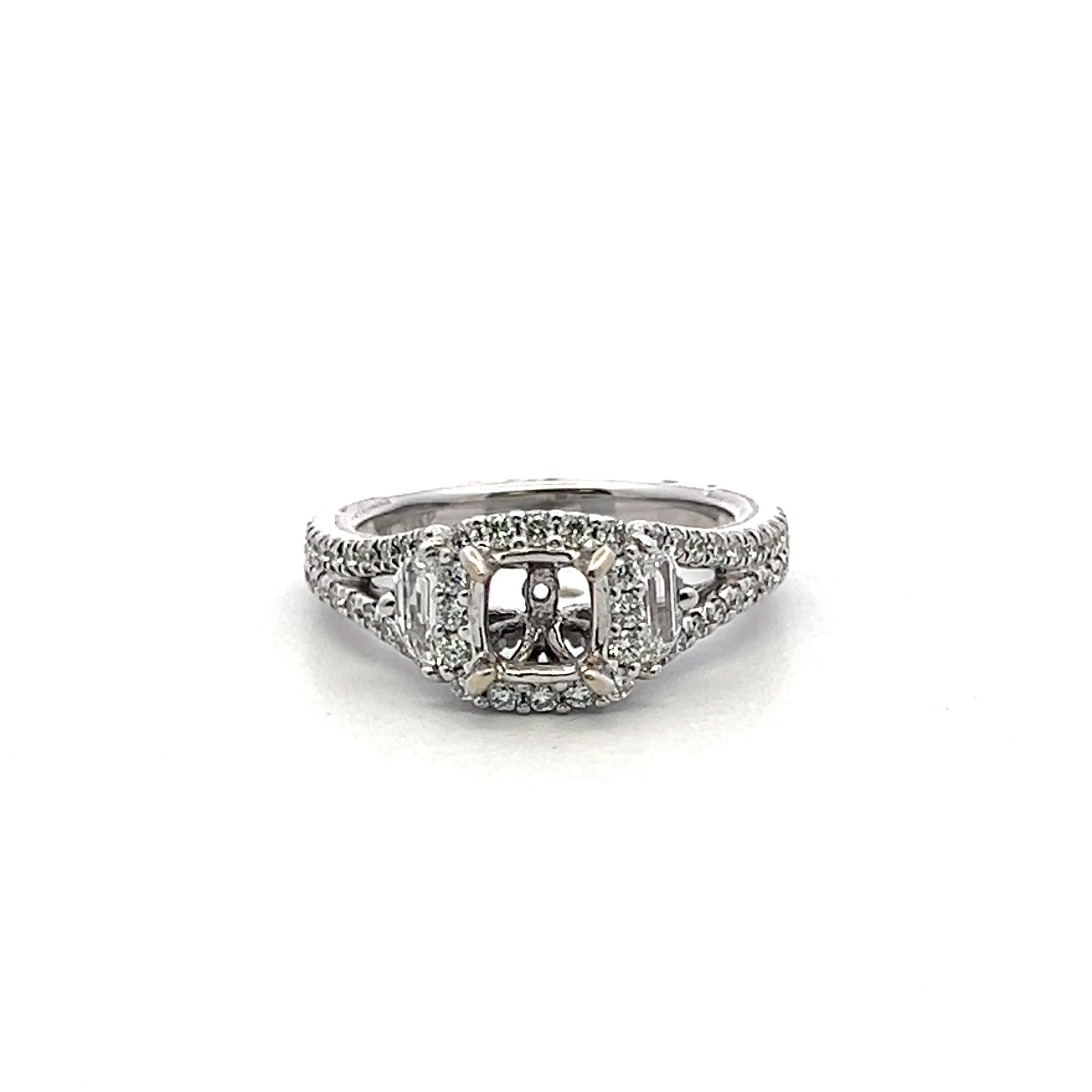 14K WG Semi Mount Ring 1.05ct Diamond Round Trapezoid Diamonds Fits 5.12x5.09mm