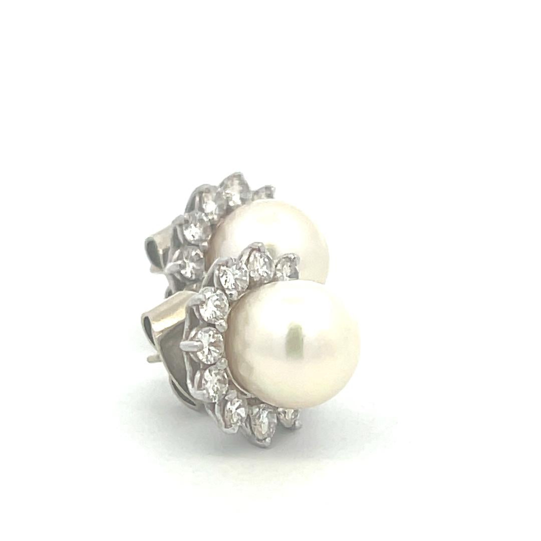 White Platinum Stud Earrings with 1.20 Carat Round G VS Diamonds & 9mm Pearls