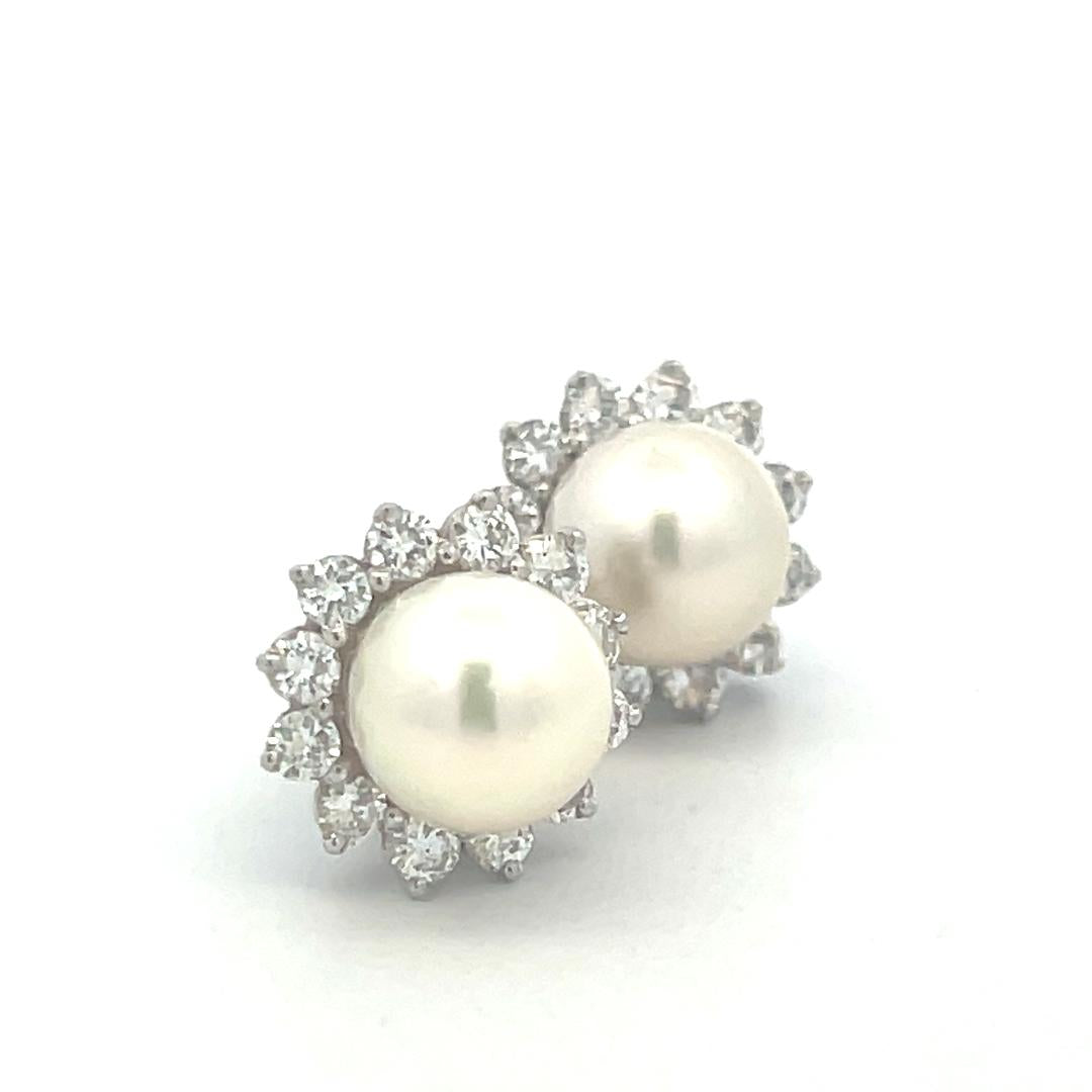 White Platinum Stud Earrings with 1.20 Carat Round G VS Diamonds & 9mm Pearls