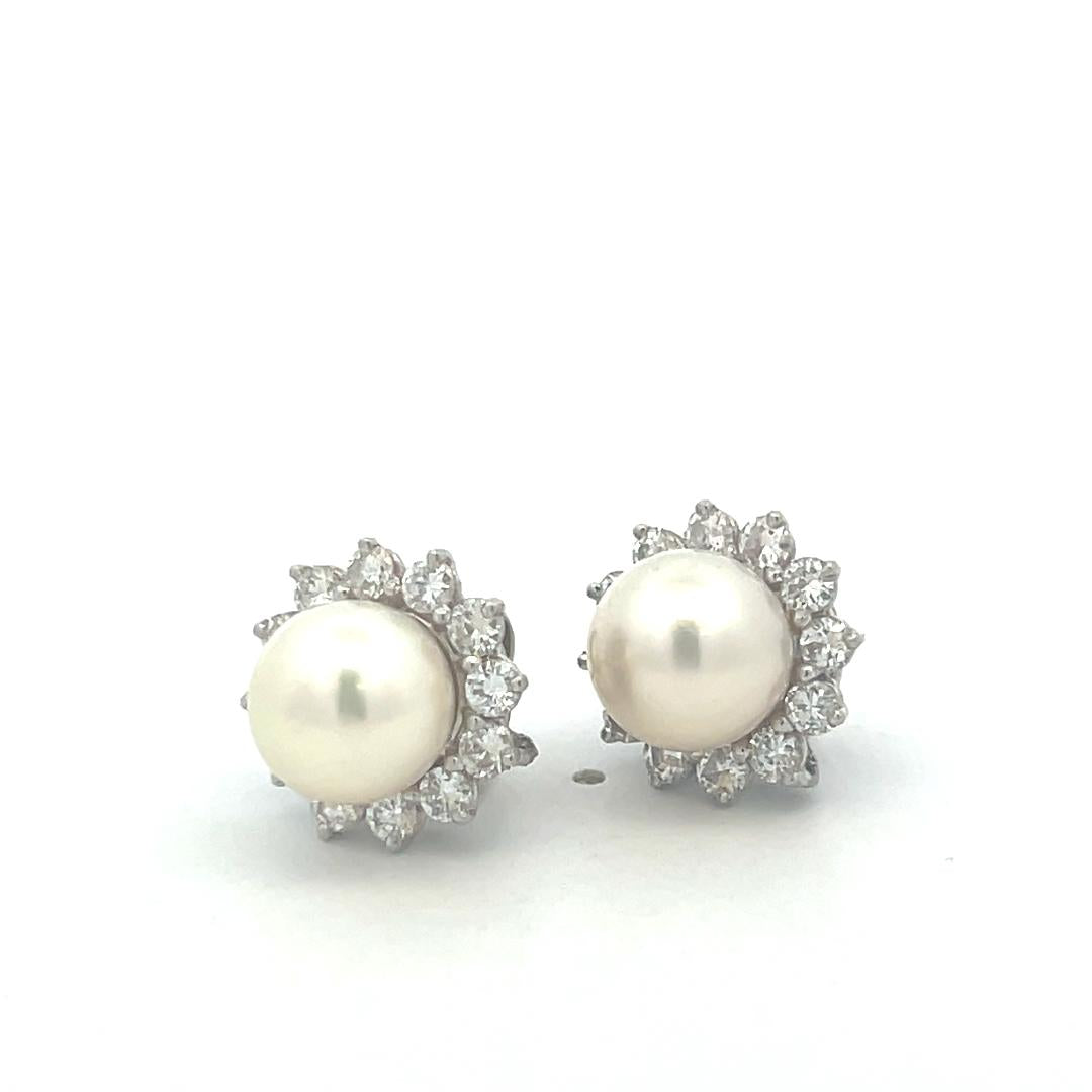 White Platinum Stud Earrings with 1.20 Carat Round G VS Diamonds & 9mm Pearls