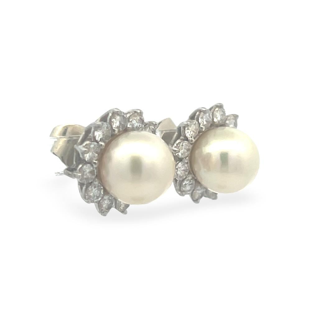 White Platinum Stud Earrings with 1.20 Carat Round G VS Diamonds & 9mm Pearls