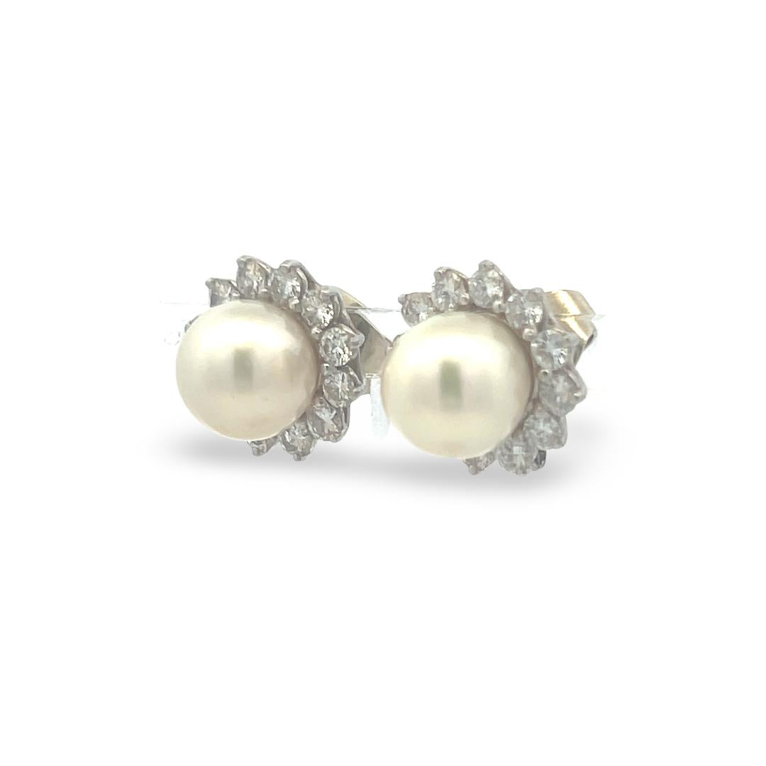 White Platinum Stud Earrings with 1.20 Carat Round G VS Diamonds & 9mm Pearls