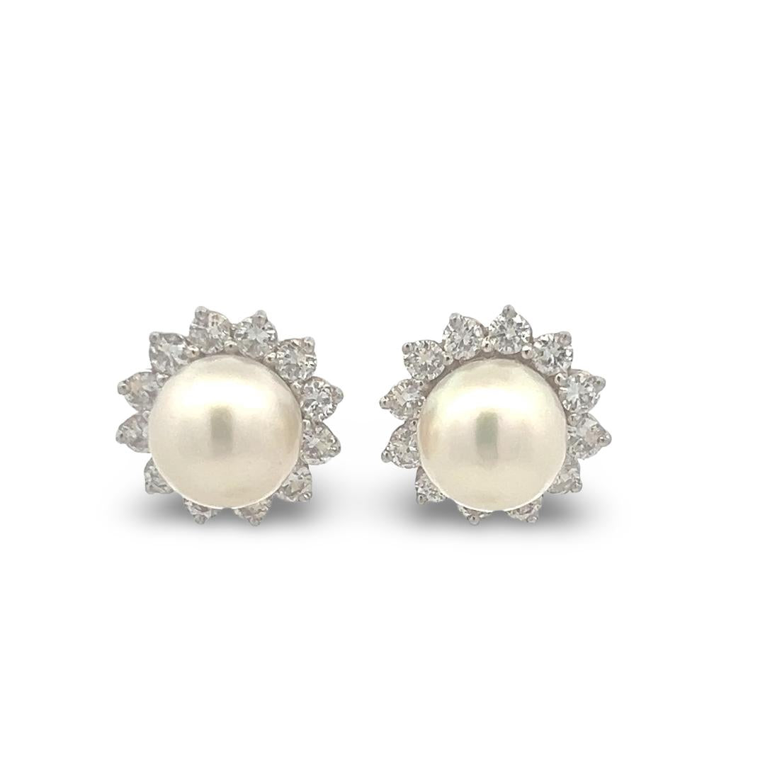 White Platinum Stud Earrings with 1.20 Carat Round G VS Diamonds & 9mm Pearls