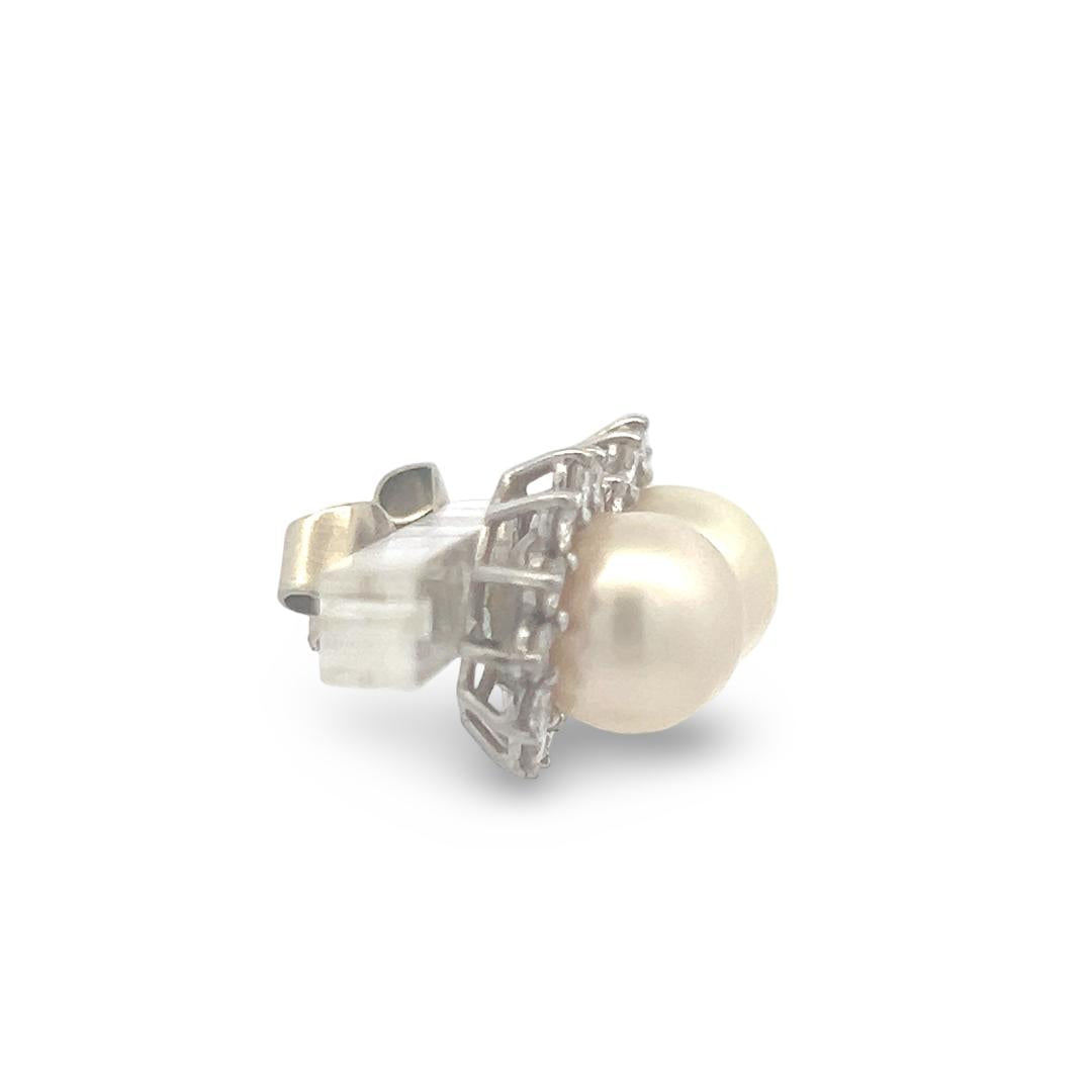 White Platinum Stud Earrings with 1.20 Carat Round G VS Diamonds & 9mm Pearls