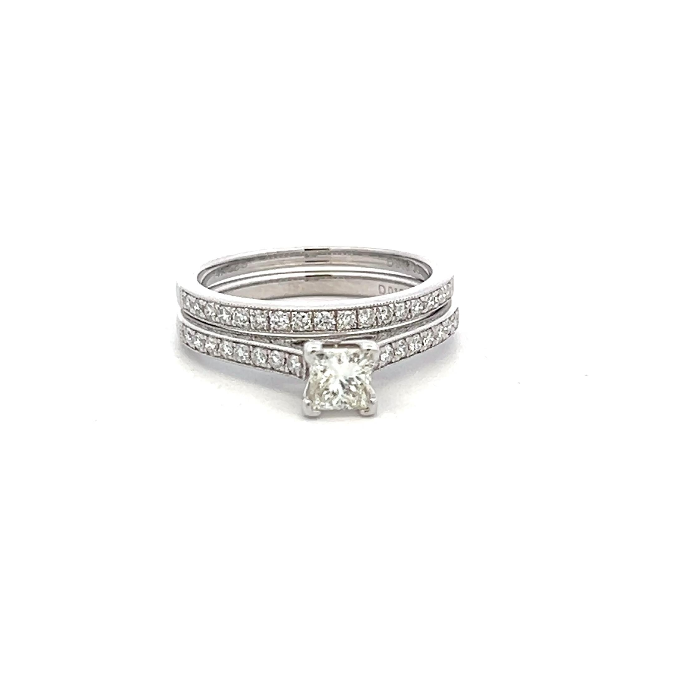 14K White Gold Engagement Ring 0.67ct Princess & Round Cut Diamonds Size 6.25
