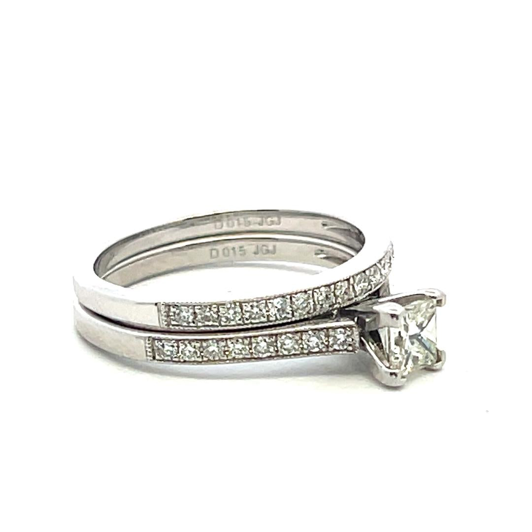 14K White Gold Engagement Ring 0.67ct Princess & Round Cut Diamonds Size 6.25