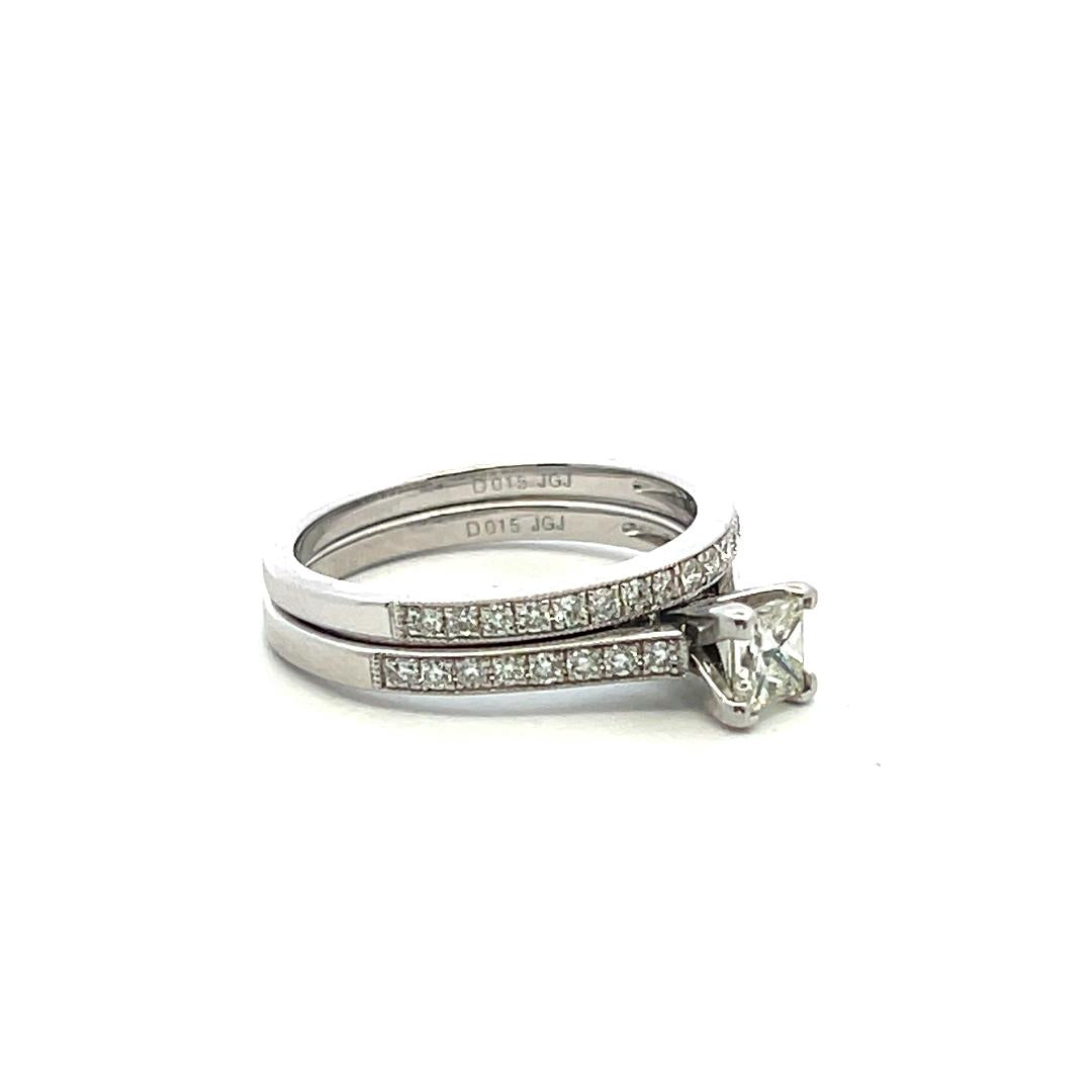 14K White Gold Engagement Ring 0.67ct Princess & Round Cut Diamonds Size 6.25