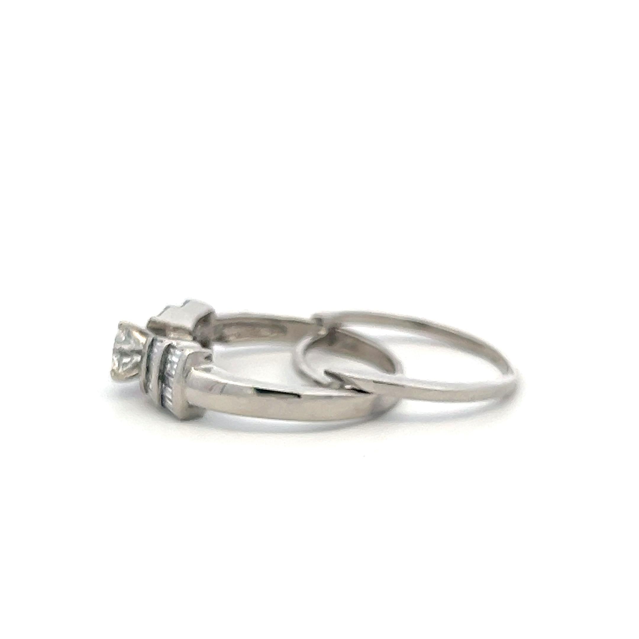 Vintage Platinum Engagement Ring and Band 1.15ct Baguette & Round Diamonds