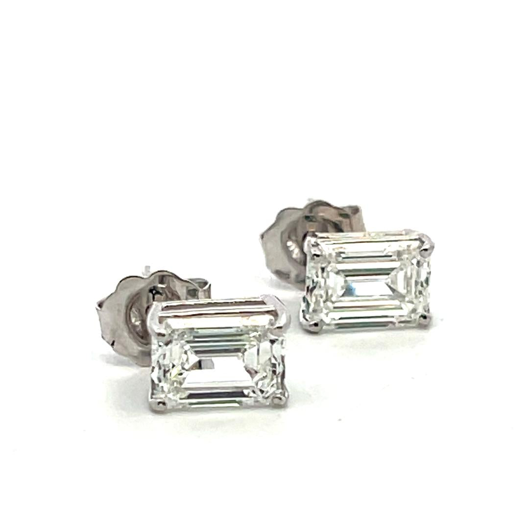 14K White Gold Studs Earrings with 2.4 Carat Emerald Cut Diamonds H/G VS1 GIA