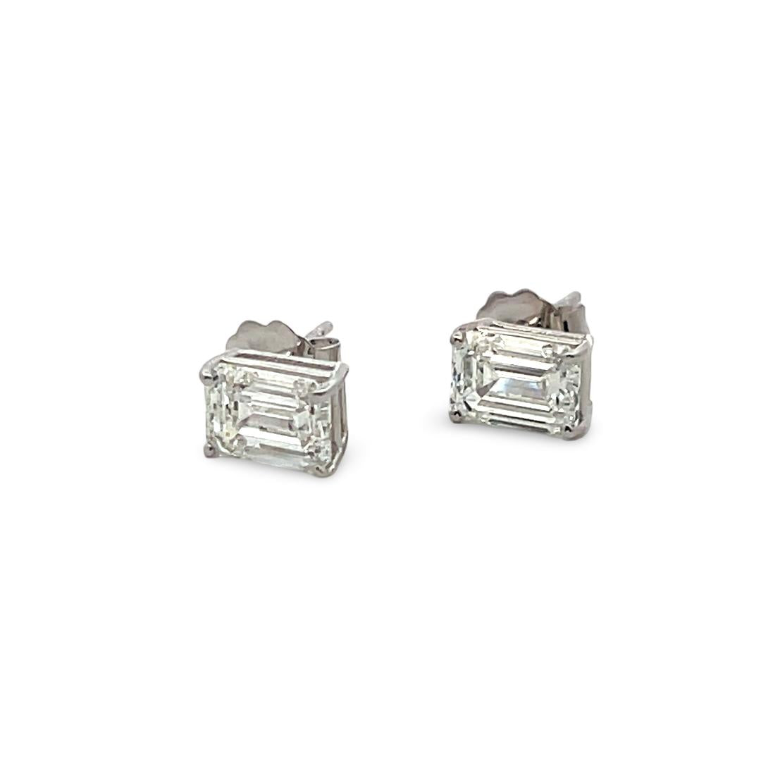 14K White Gold Studs Earrings with 2.4 Carat Emerald Cut Diamonds H/G VS1 GIA
