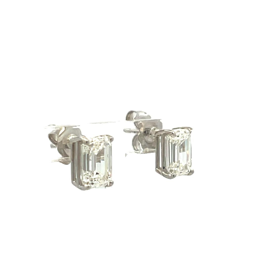 14K White Gold Studs Earrings with 2.4 Carat Emerald Cut Diamonds H/G VS1 GIA