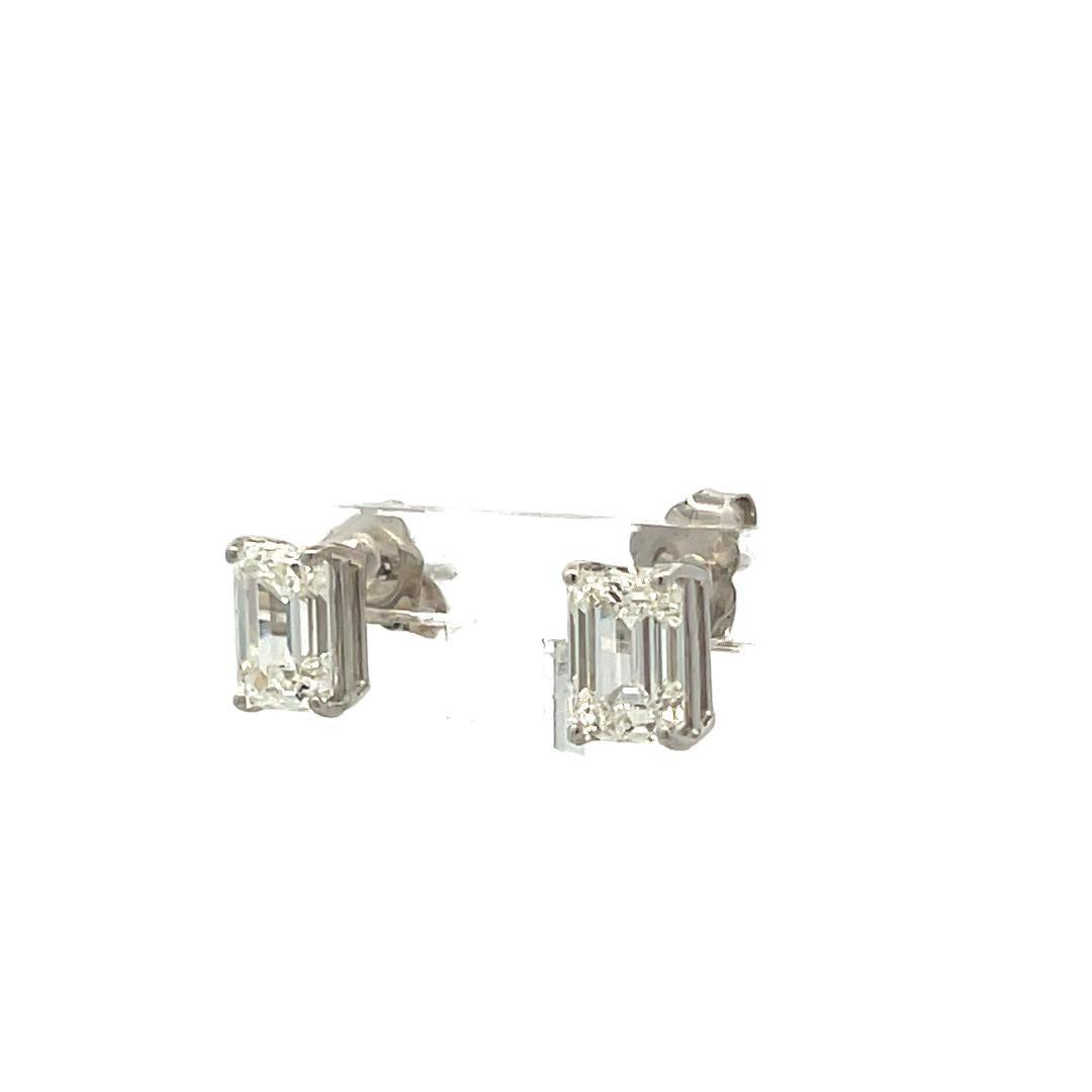 14K White Gold Studs Earrings with 2.4 Carat Emerald Cut Diamonds H/G VS1 GIA