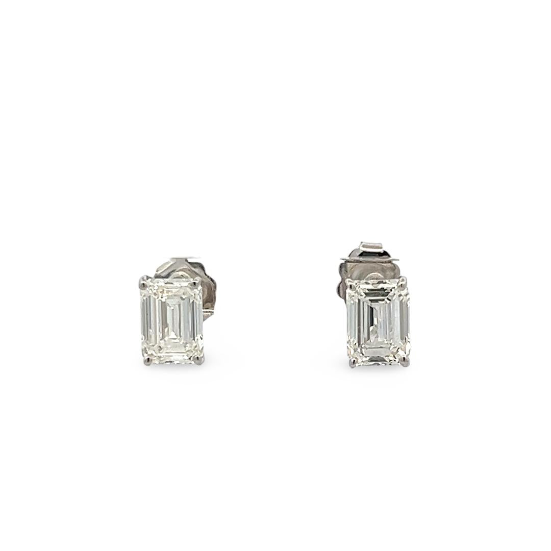 14K White Gold Studs Earrings with 2.4 Carat Emerald Cut Diamonds H/G VS1 GIA
