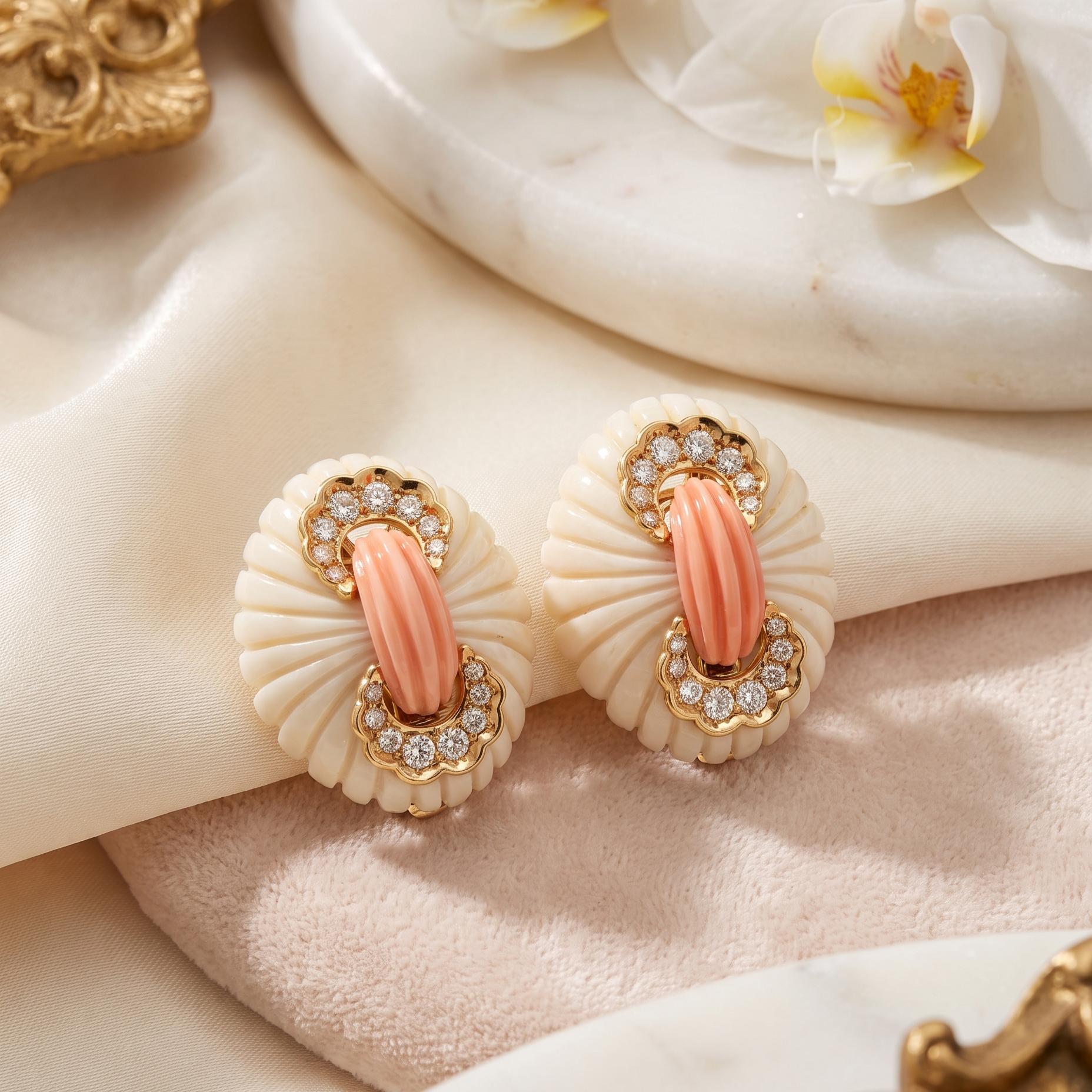 Van Cleef & Arpels 18K Yellow Gold Clip On Earrings with Coral 1.6ct Diamonds