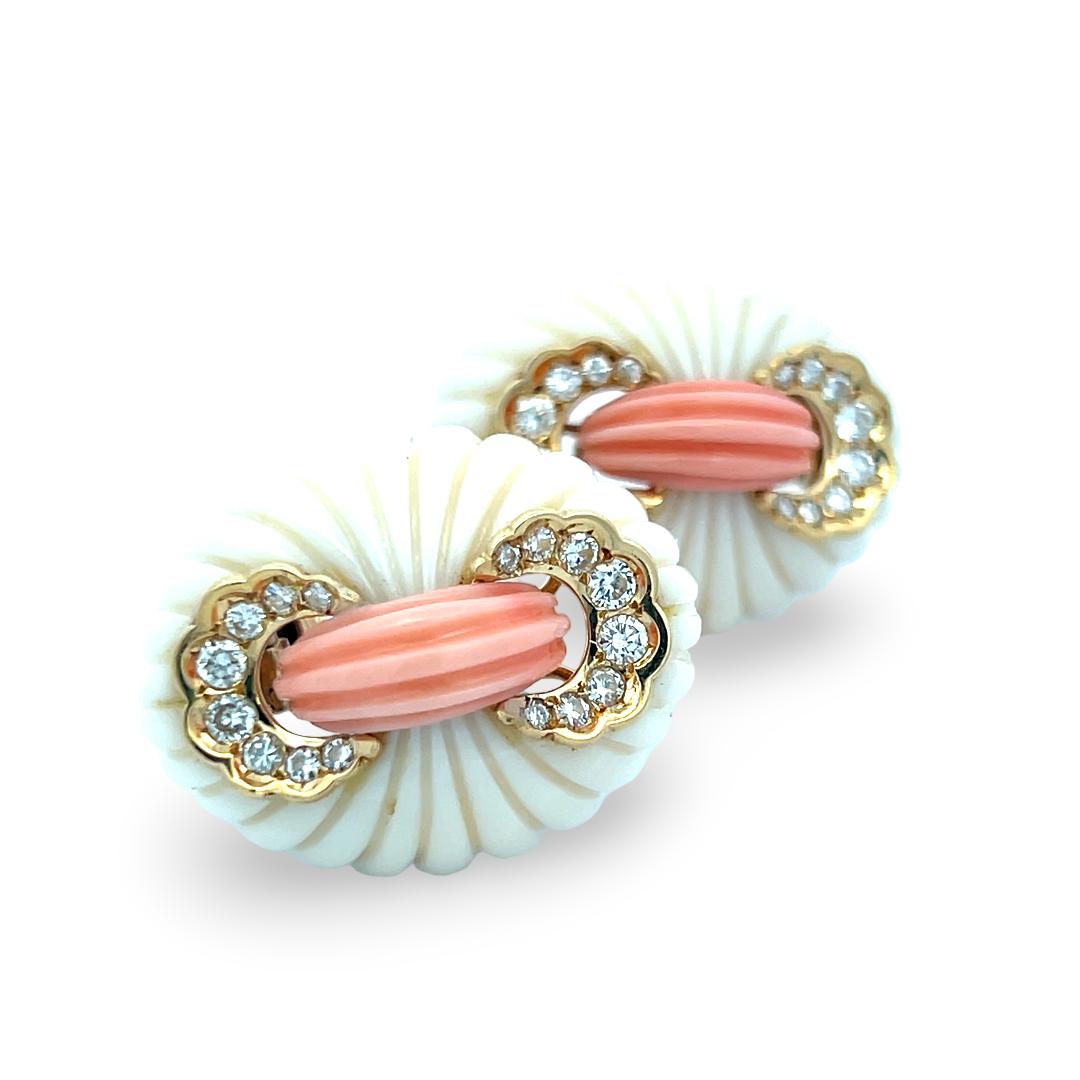 Van Cleef & Arpels 18K Yellow Gold Clip On Earrings with Coral 1.6ct Diamonds