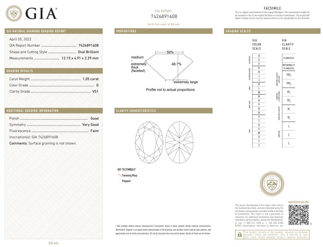 18K Yellow Gold Engagement Ring with 1.12ct Oval & Round Diamonds G VS1 GIA