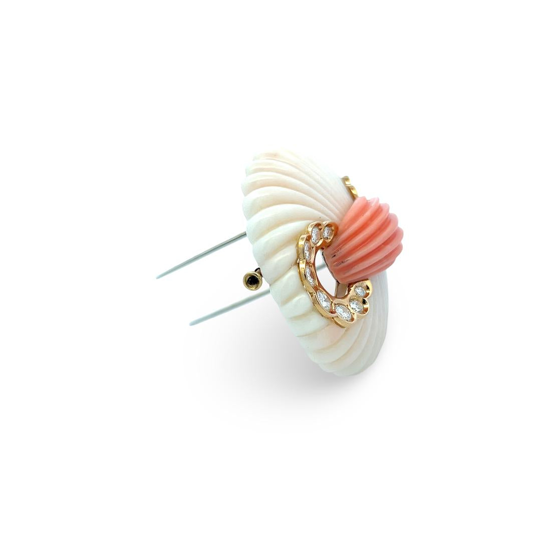 Van Cleef & Arpels 18K Yellow Gold Pin Brooch with Coral and 1.6ct Diamonds
