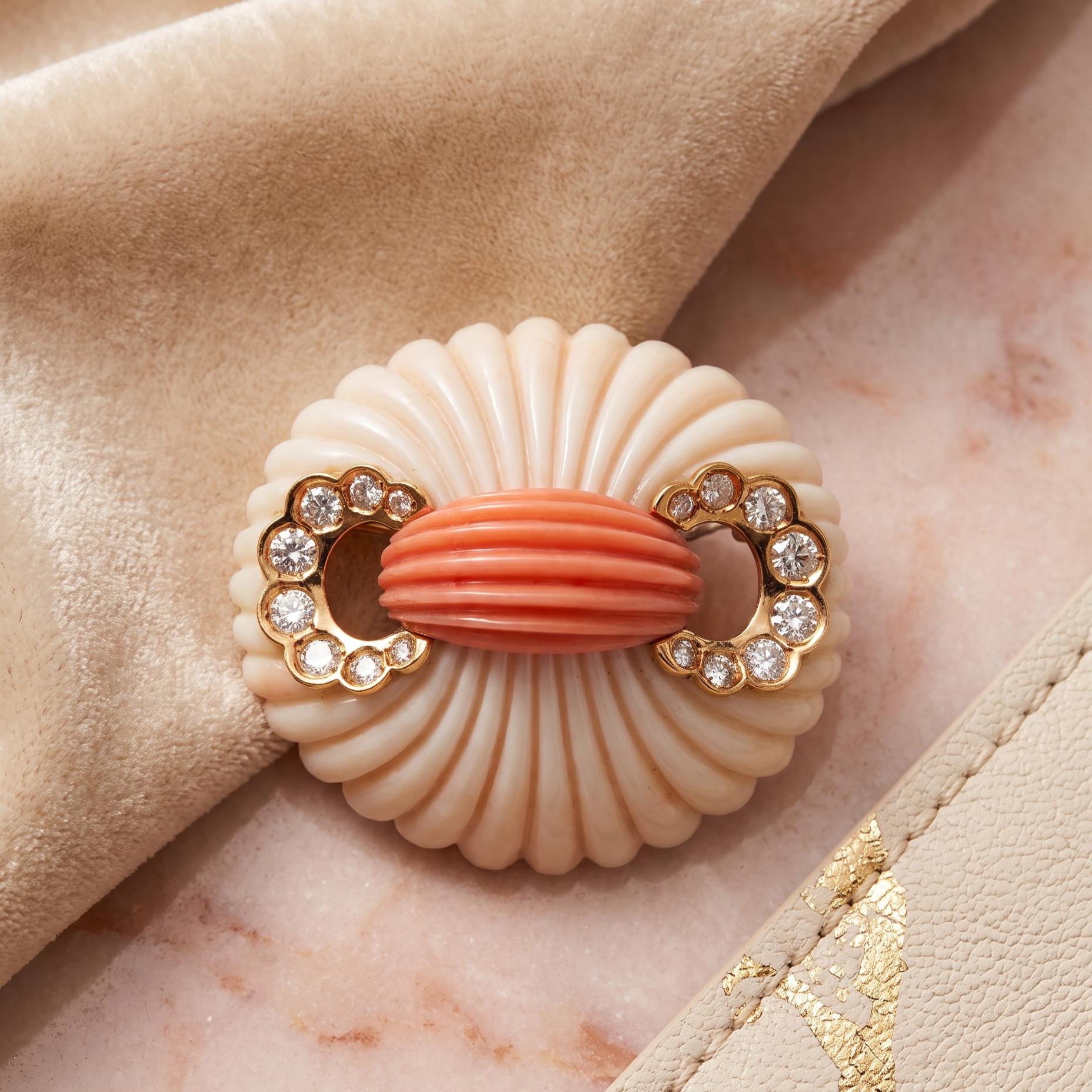 Van Cleef & Arpels 18K Yellow Gold Pin Brooch with Coral and 1.6ct Diamonds