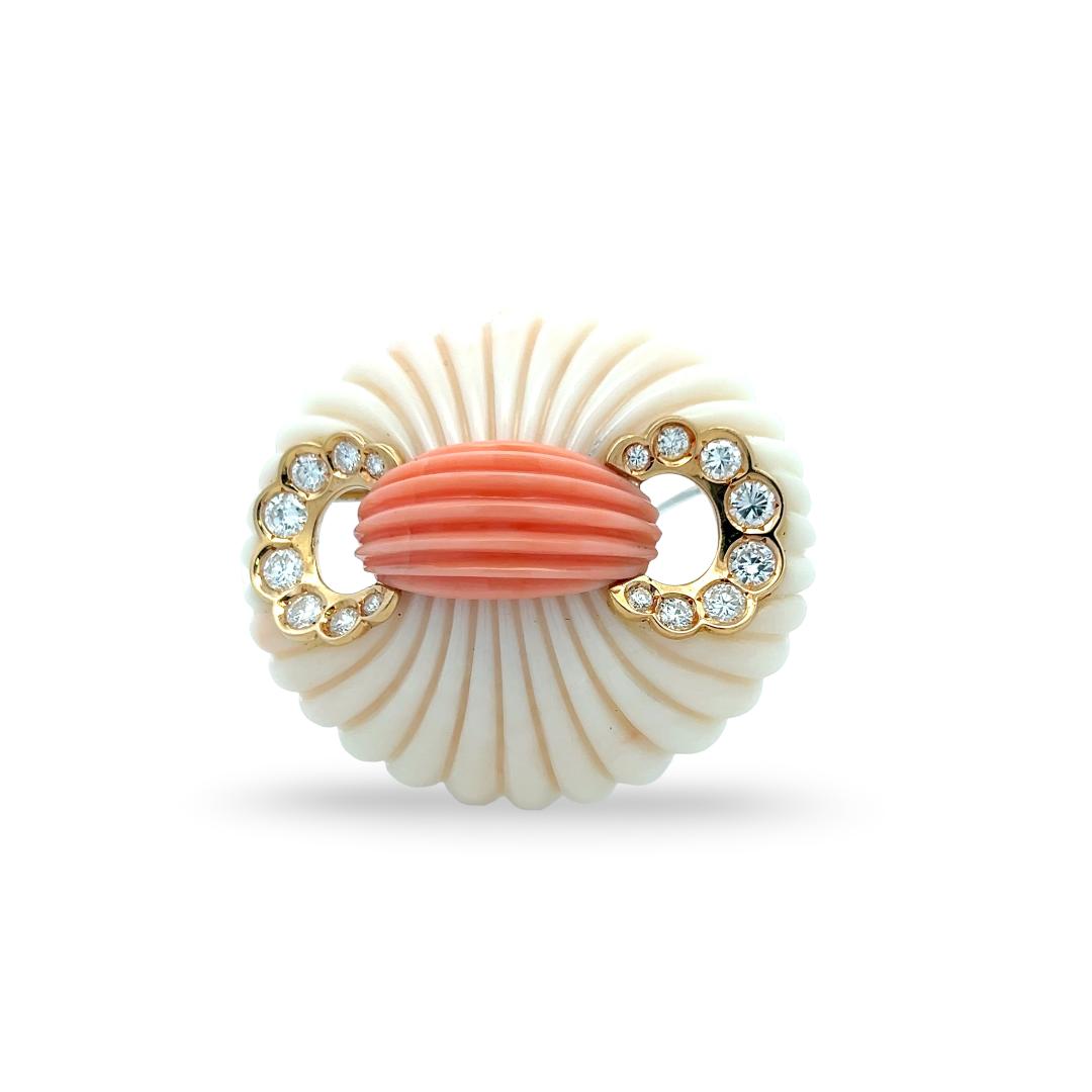 Van Cleef & Arpels 18K Yellow Gold Pin Brooch with Coral and 1.6ct Diamonds
