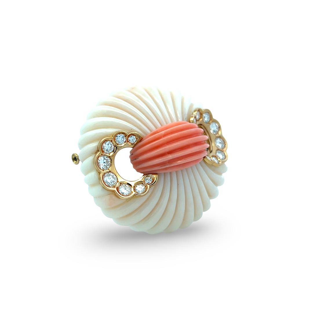 Van Cleef & Arpels 18K Yellow Gold Pin Brooch with Coral and 1.6ct Diamonds