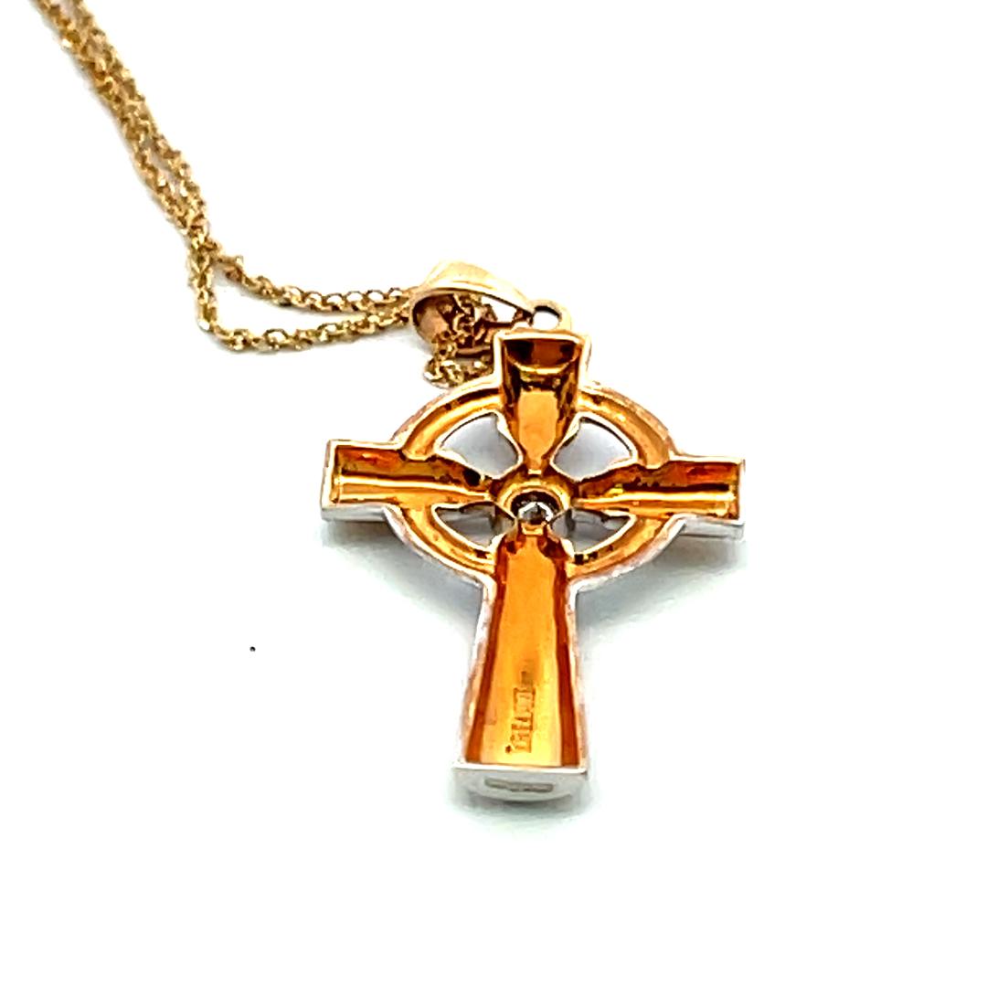 14K Two Tone Gold Cross Pendant Necklace with 0.05 Carat Round G VS Diamond 18