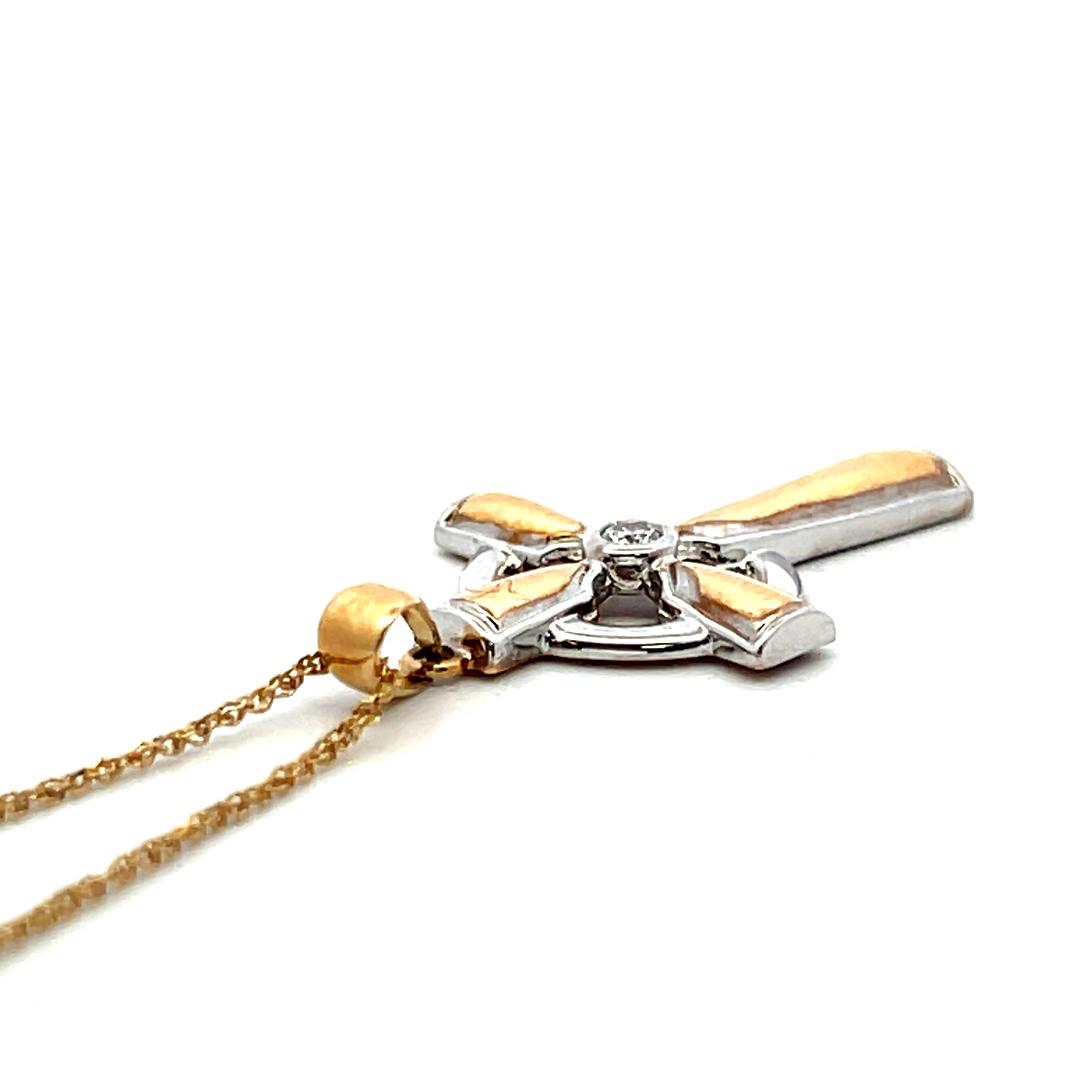 14K Two Tone Gold Cross Pendant Necklace with 0.05 Carat Round G VS Diamond 18
