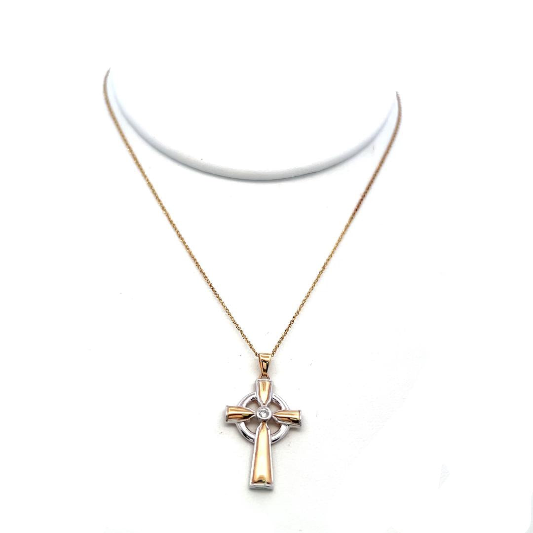 14K Two Tone Gold Cross Pendant Necklace with 0.05 Carat Round G VS Diamond 18