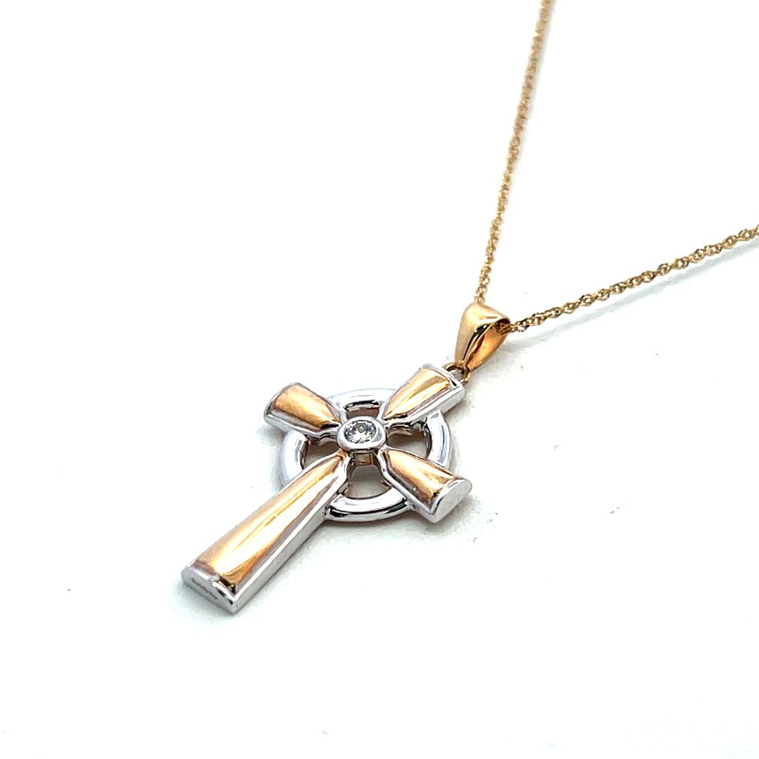 14K Two Tone Gold Cross Pendant Necklace with 0.05 Carat Round G VS Diamond 18