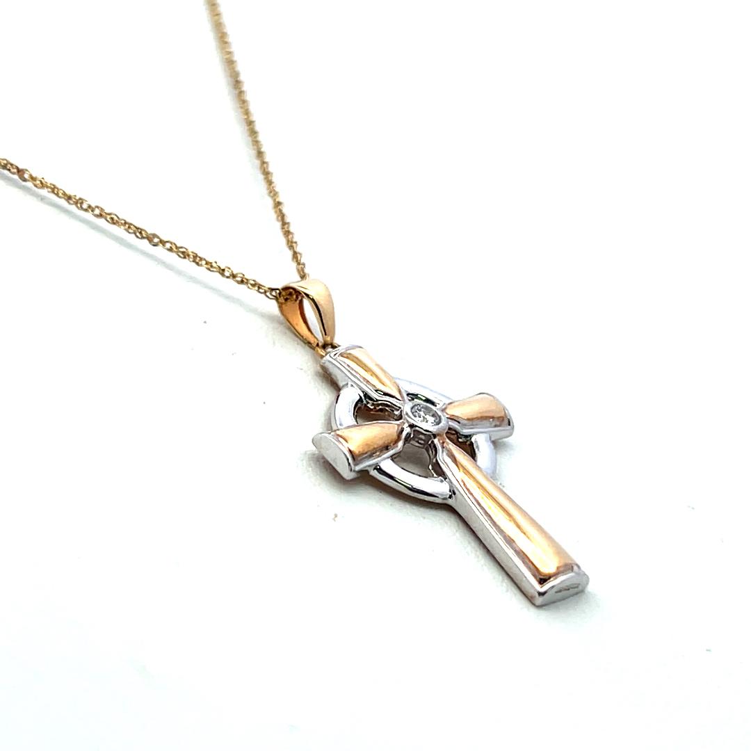 14K Two Tone Gold Cross Pendant Necklace with 0.05 Carat Round G VS Diamond 18