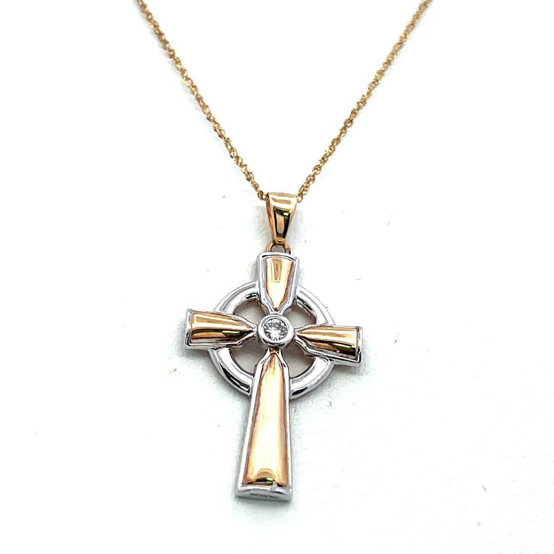 14K Two Tone Gold Cross Pendant Necklace with 0.05 Carat Round G VS Diamond 18