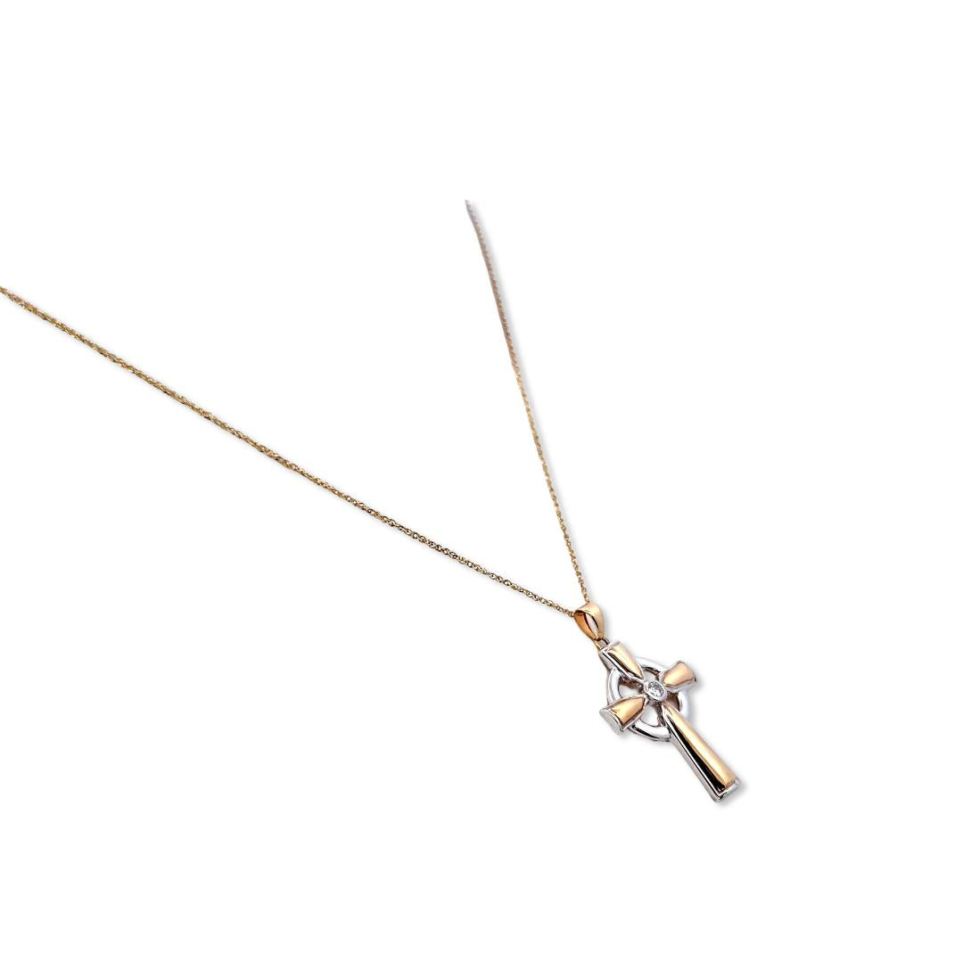 14K Two Tone Gold Cross Pendant Necklace with 0.05 Carat Round G VS Diamond 18