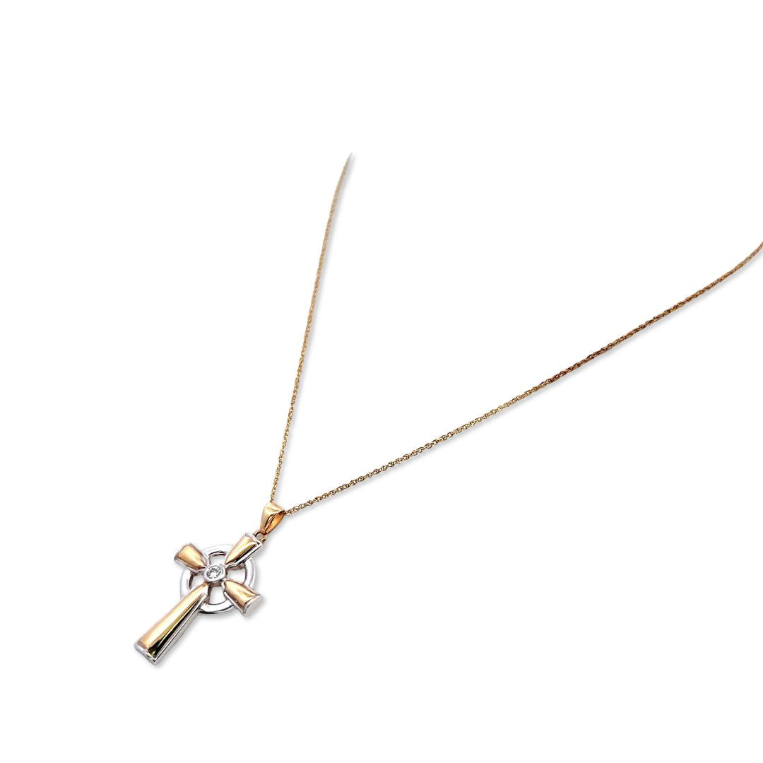 14K Two Tone Gold Cross Pendant Necklace with 0.05 Carat Round G VS Diamond 18