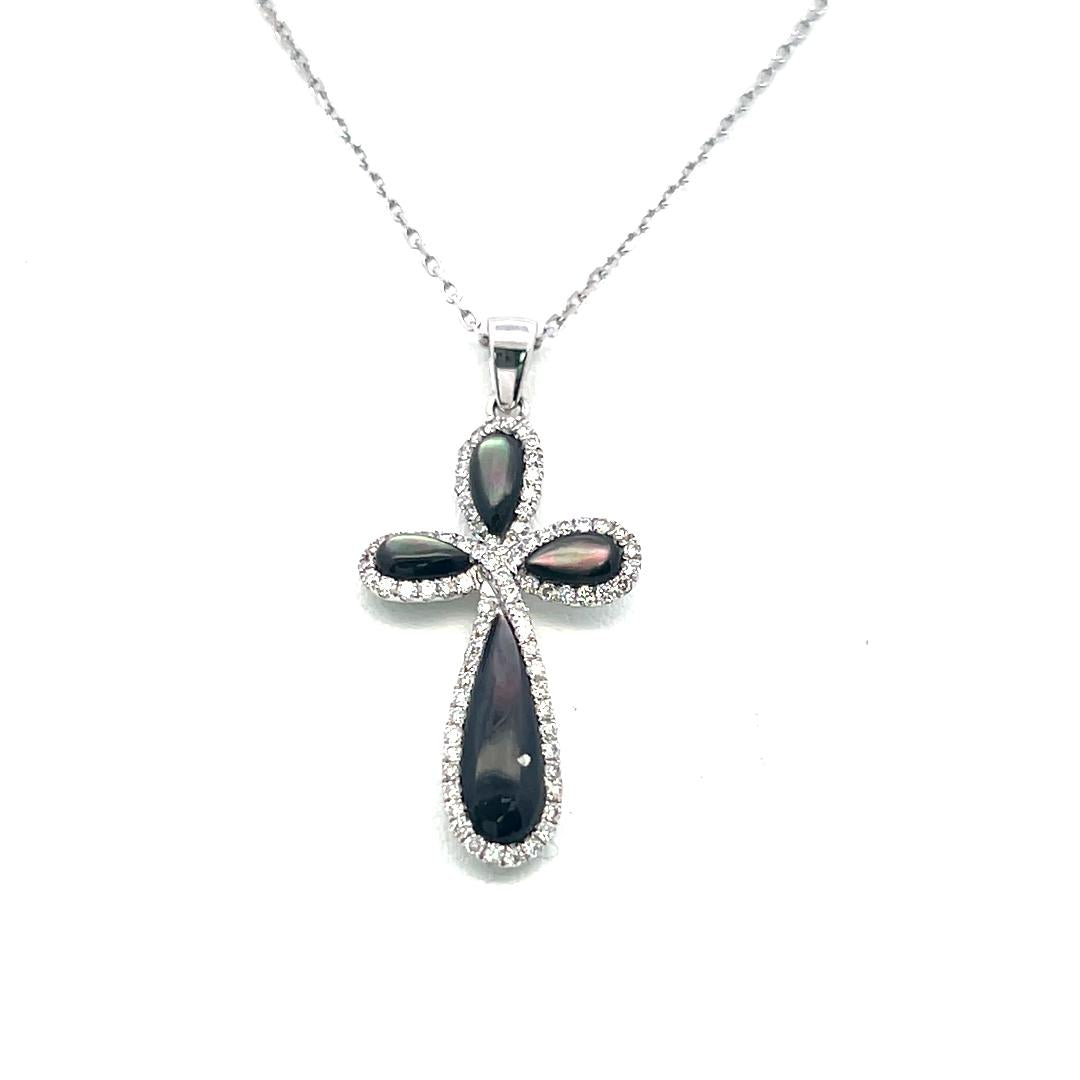 14K White Gold Cross Pendant Necklace 0.34 Carat Round G VS Diamonds 18 Inch
