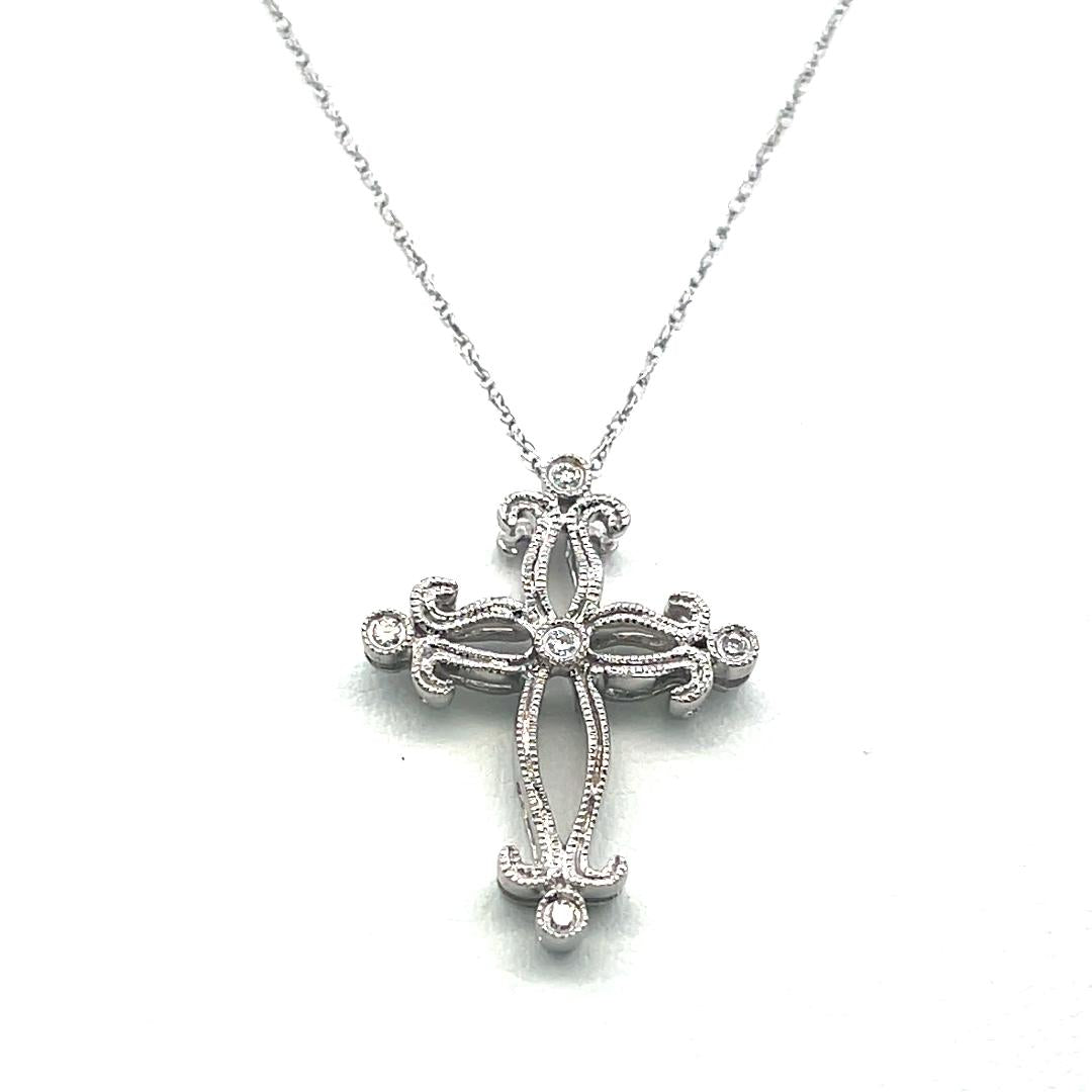14K White Gold Cross Pendant Necklace 0.06 Carat Round G VS Diamonds 18 Inch